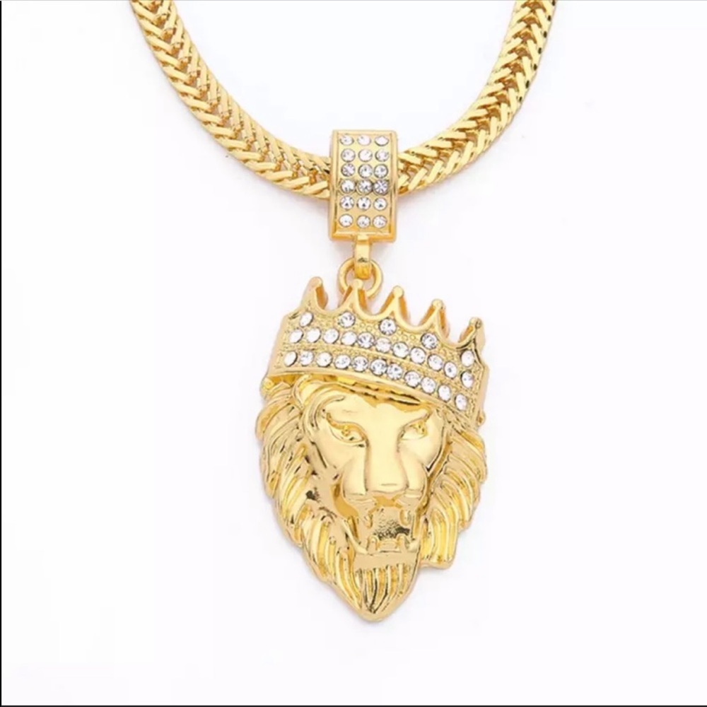 NEW MEN KING CROWN GOLD LION CUBAN NECKLACE